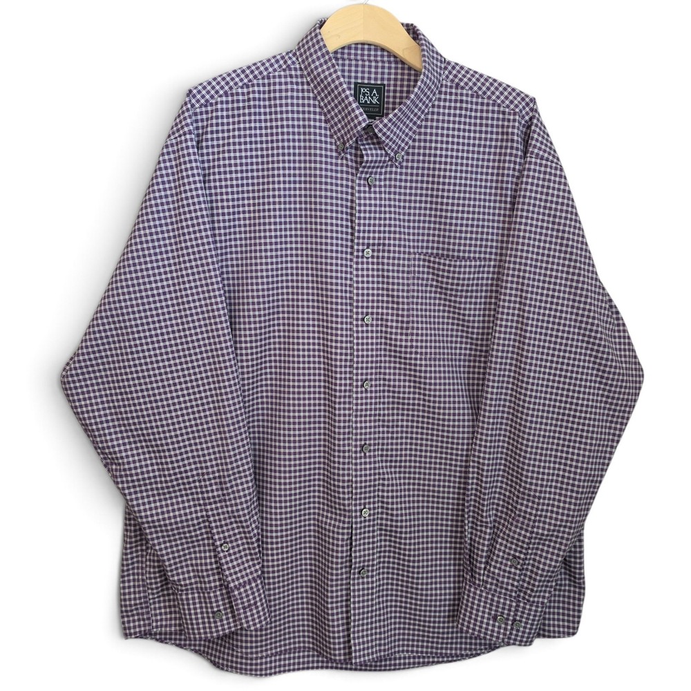 Jos A Bank Traveler Shirt Mens XL Purple Check Plaid Button Down Traditional
